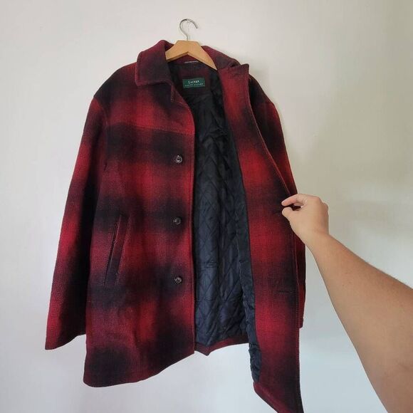 Lauren Ralph Lauren Red Black Plaid Wool Coat Quilted Lined Classic Overcoat - Picture 8 of 9